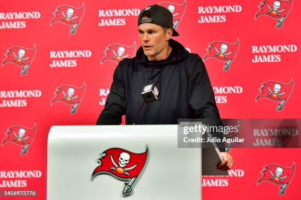 Tom Brady of the Tampa Bay Buccaneers speaks to the media after losing to the Dallas Cowboys 31-14 in the NFC Wild Card playoff game at Raymond James...