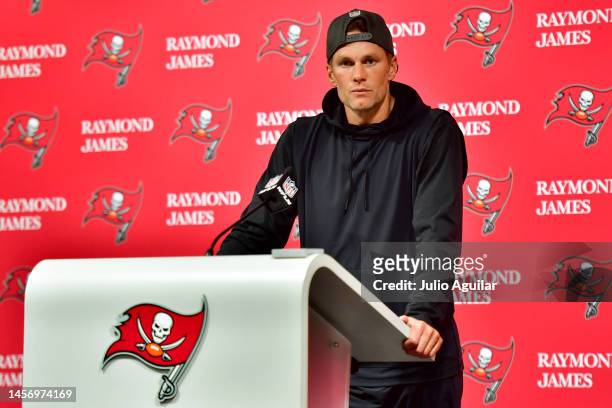 Tom Brady of the Tampa Bay Buccaneers speaks to the media after losing to the Dallas Cowboys 31-14 in the NFC Wild Card playoff game at Raymond James...