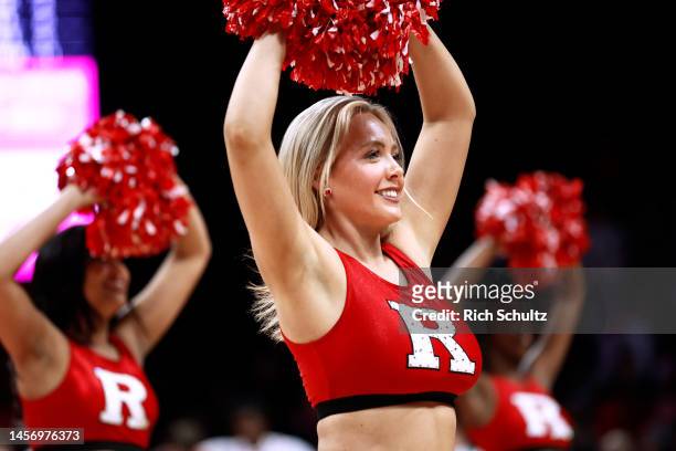 Rutgers Scarlet Knights cheerleaders perform during a game against the Ohio State Buckeyes at Jersey Mike's Arena on January 15, 2023 in Piscataway,...