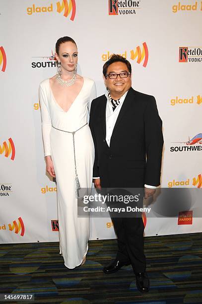 Model wearing Alexis Monsanto and Alexis Monsanto arrive at the 23rd Annual GLAAD Media Awards at San Francisco Marriott Marquis on June 2, 2012 in...