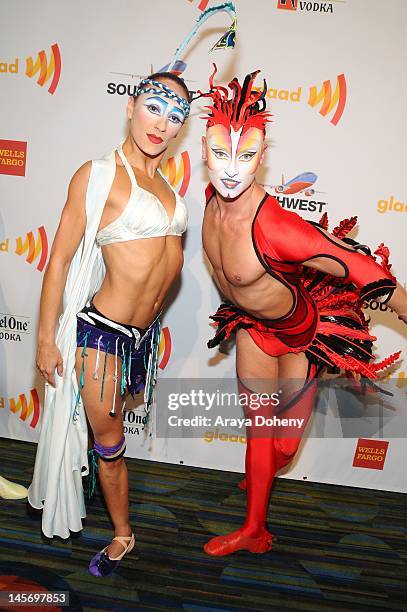 Cirque du Soleil performers arrive at the 23rd Annual GLAAD Media Awards at San Francisco Marriott Marquis on June 2, 2012 in San Francisco,...