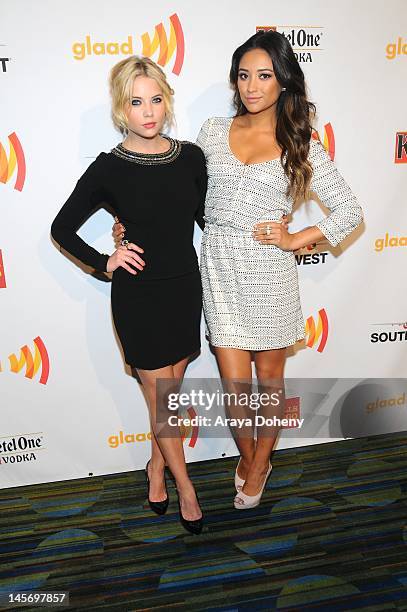 Actress Ashley Benson and Shay Mitchell arrive at the 23rd Annual GLAAD Media Awards at San Francisco Marriott Marquis on June 2, 2012 in San...