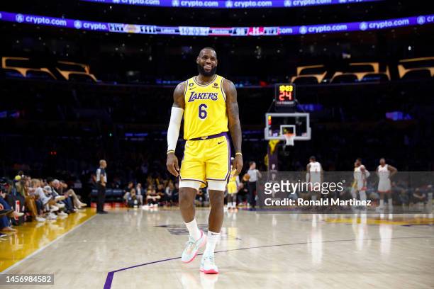 LeBron James of the Los Angeles Lakers reacts during play against the Houston Rockets in the second half at Crypto.com Arena on January 16, 2023 in...