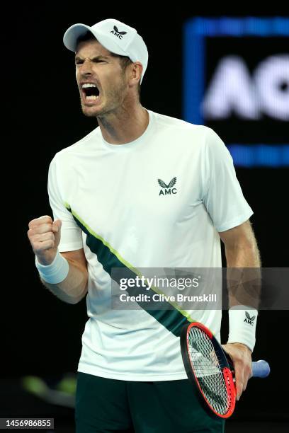 Andy Murray of Great Britain reacts in their round one singles match against Matteo Berrettini of Italy during day two of the 2023 Australian Open at...