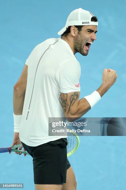Matteo Berrettini of Italy reacts in their round one singles match against Andy Murray of Great Britain during day two of the 2023 Australian Open at...