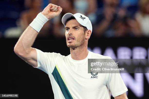 Andy Murray of Great Britain reacts in their round one singles match against Matteo Berrettini of Italy during day two of the 2023 Australian Open at...