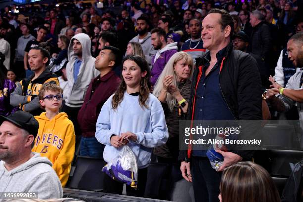 Vince Vaughn and his children Lochlyn Kyla Vaughn and Vernon Lindsay Vaughn attend a basketball game between the Los Angeles Lakers and the Houston...