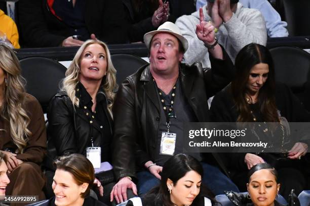Jeanie Buss and Jay Mohr attend a basketball game between the Los Angeles Lakers and the Houston Rockets at Crypto.com Arena on January 16, 2023 in...