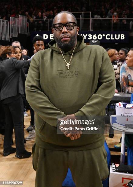 Rapper Killer Mike attends the game between the Miami Heat and the Atlanta Hawks at State Farm Arena on January 16, 2023 in Atlanta, Georgia.
