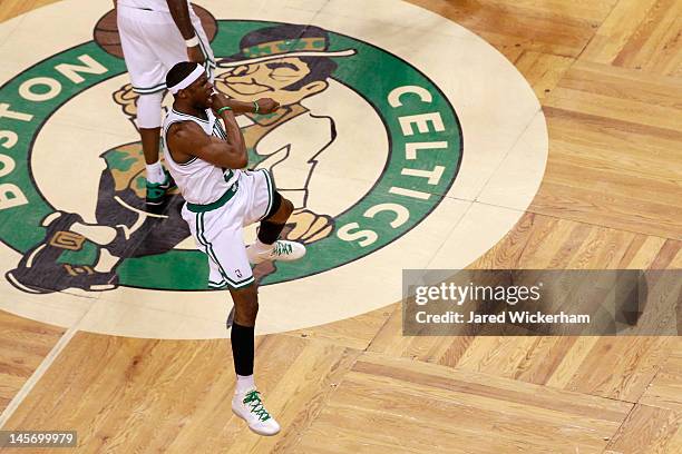 Keyon Dooling of the Boston Celtics reacts in the first half against the Miami Heat in Game Four of the Eastern Conference Finals in the 2012 NBA...