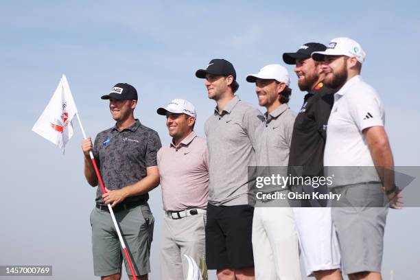 Seamus Power of Ireland looks on as he poses for a photo with Francesco Molinari of Italy, Thomas Pieters of Belgium, Tommy Fleetwood of England,...