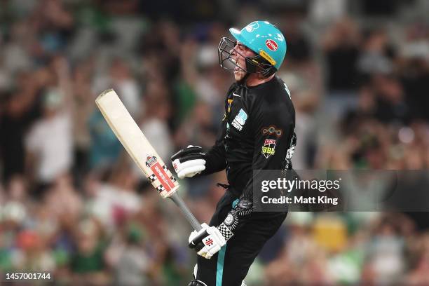 Matthew Renshaw of the Heat celebrates hitting the winning runs on the last ball of the match during the Men's Big Bash League match between the...