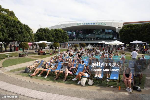 Spectators relax at Garden Square during day two of the 2023 Australian Open at Melbourne Park on January 17, 2023 in Melbourne, Australia.