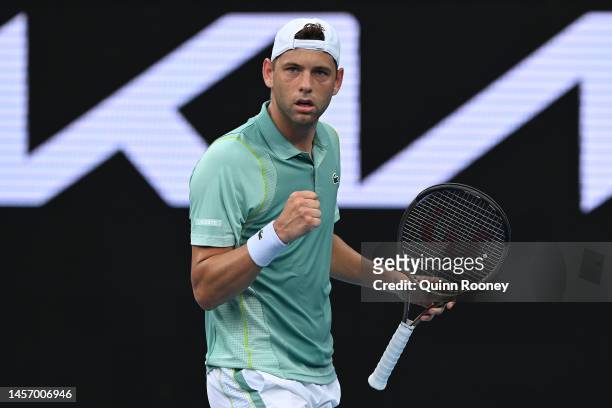 Filip Krajinovic of Serbia reacts in their round one singles match against Holger Rune of Denmark during day two of the 2023 Australian Open at...