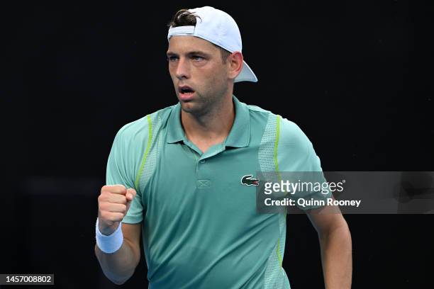 Filip Krajinovic of Serbia reacts in their round one singles match against Holger Rune of Denmark during day two of the 2023 Australian Open at...