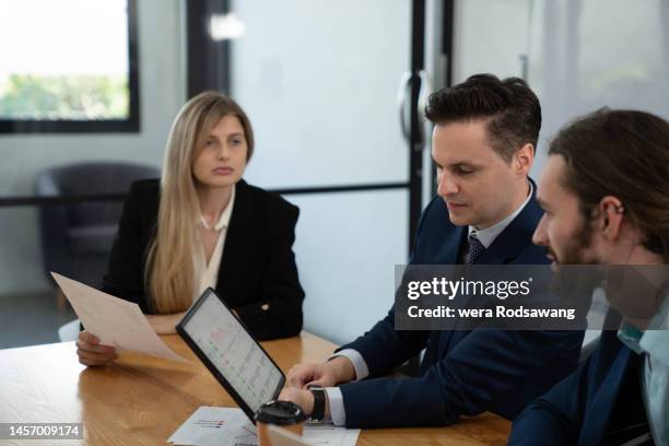 marketing analysis of behaviour customer doing transaction through e-commerce, team of marketing technical support doing swot analysis strategic planning for opportunities in the future - content strategy stockfoto's en -beelden