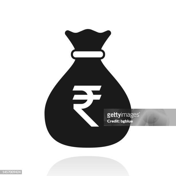 money bag with indian rupee sign. icon with reflection on white background - white drawstring bag stock illustrations