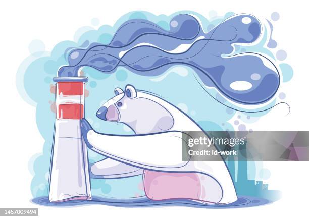 polar bear pushing smoking chimney - chimney stock illustrations