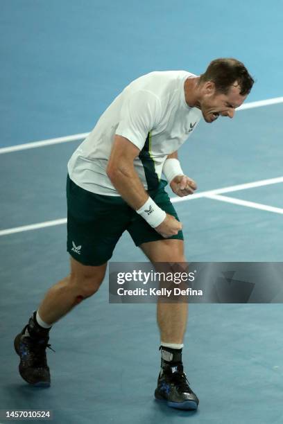 Andy Murray of Great Britain celebrates match point in their round one singles match against Matteo Berrettini of Italy during day two of the 2023...