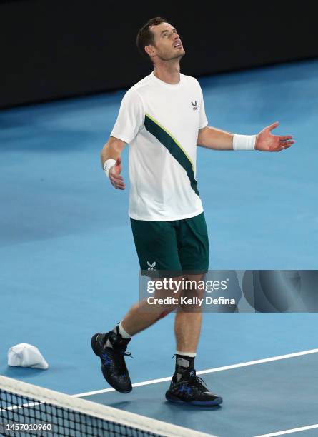 Andy Murray of Great Britain celebrates match point in their round one singles match against Matteo Berrettini of Italy during day two of the 2023...