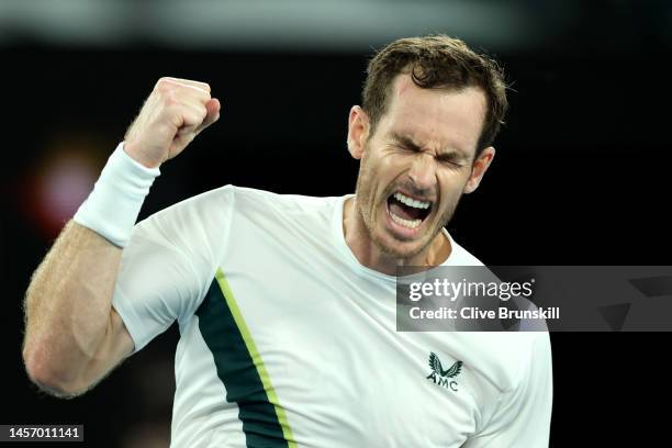 Andy Murray of Great Britain celebrates match point in their round one singles match against Matteo Berrettini of Italy during day two of the 2023...