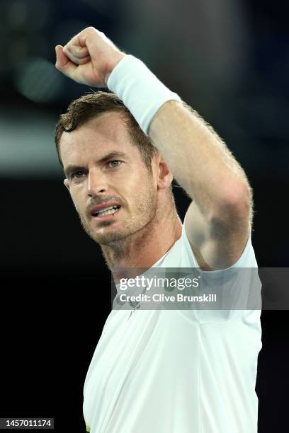 Andy Murray of Great Britain celebrates match point in their round one singles match against Matteo Berrettini of Italy during day two of the 2023...