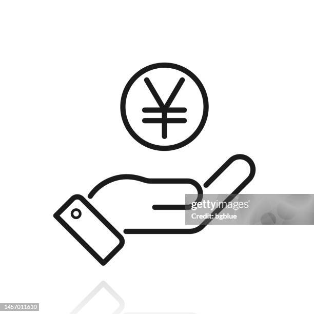 yen-münze in der hand. symbol mit reflexion auf weißem hintergrund - japanese currency stock-grafiken, -clipart, -cartoons und -symbole