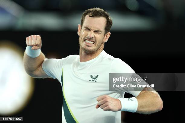 Andy Murray of Great Britain celebrates match point in their round one singles match against Matteo Berrettini of Italy during day two of the 2023...