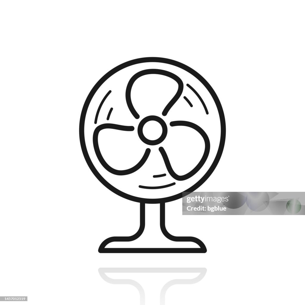 Elektrischer Ventilator. Symbol mit Reflexion auf weißem Hintergrund