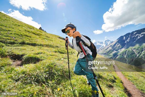 little boy hiking in mountains - bergbeklimartikelen stockfoto's en -beelden