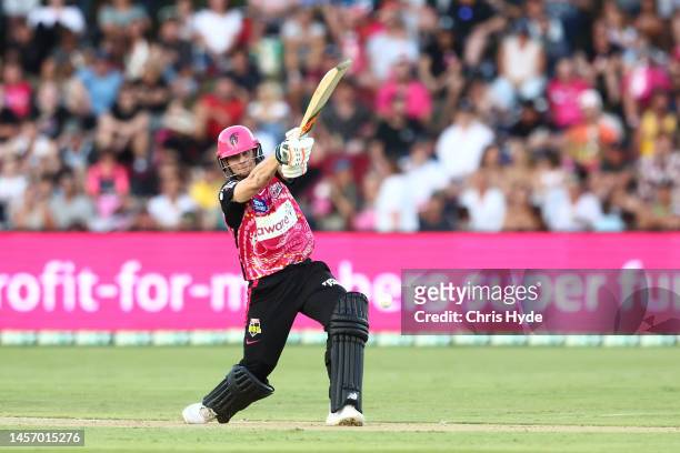 Steve Smith of the Sixers bats during the Men's Big Bash League match between the Sydney Sixers and the Adelaide Strikers at Coffs Harbour...