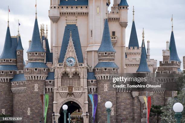 The Cinderella Castle is seen at Tokyo Disneyland during a press preview for the "Minnie Besties Bash!" parade on January 17, 2023 in Urayasu, Japan....