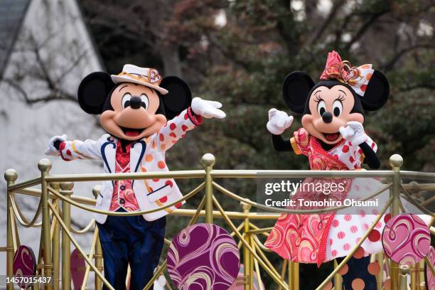 Actors dressed as Walt Disney characters Mickey Mouse and Minnie Mouse perform during a press preview for the "Minnie Besties Bash!" parade at Tokyo...