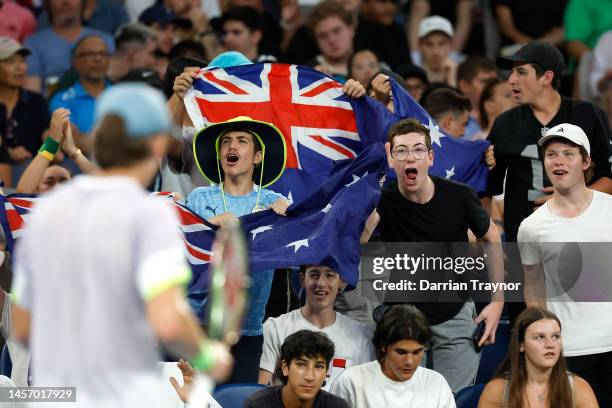 Fans show their suoport during the round one singles match between Alex de Minaur of Australia and Yu Hsiou Hsu of Taiwan on John Cain Arena during...