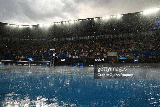 Rain delays play on Court 16 during the round one singles match between Sorana Cirstea of Romania and Yulia Putintseva of Kazakhstan during day two...