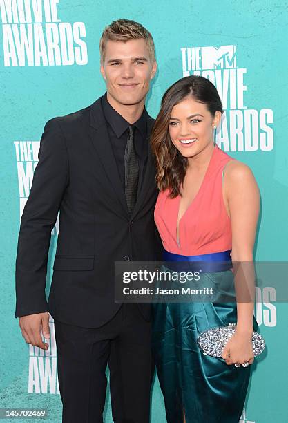 Actors Chris Zylka and Lucy Hale arrive at the 2012 MTV Movie Awards held at Gibson Amphitheatre on June 3, 2012 in Universal City, California.