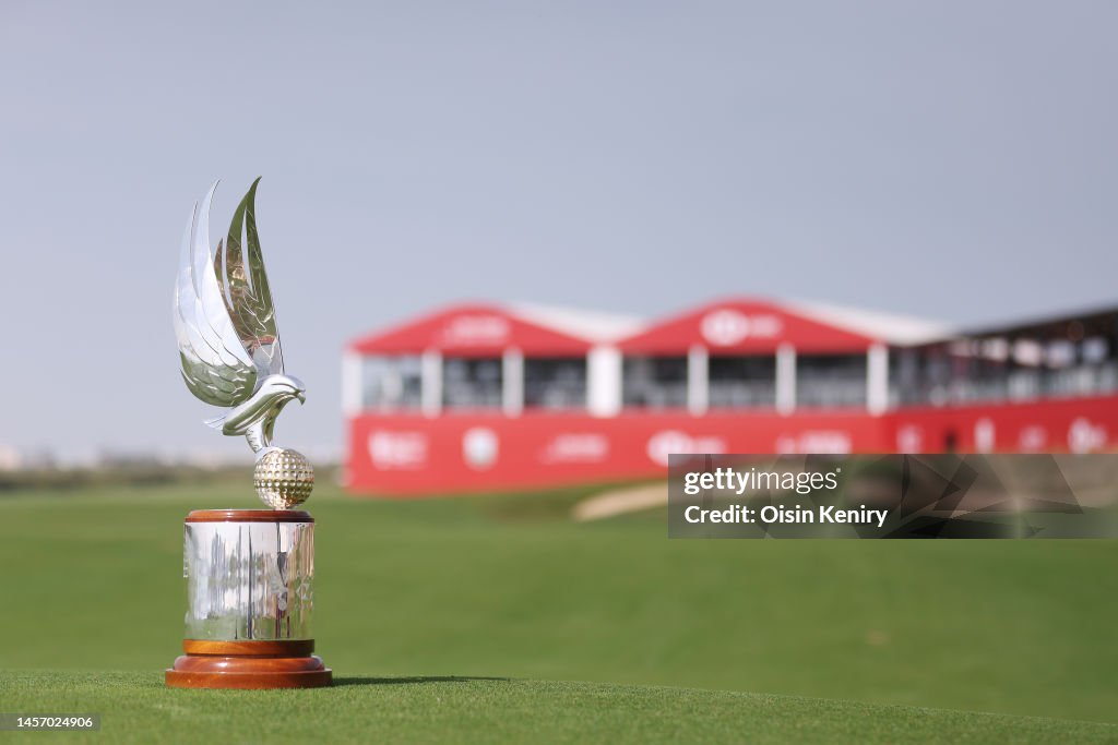 The Abu Dhabi HSBC Championship trophy is pictured on the eighteenth