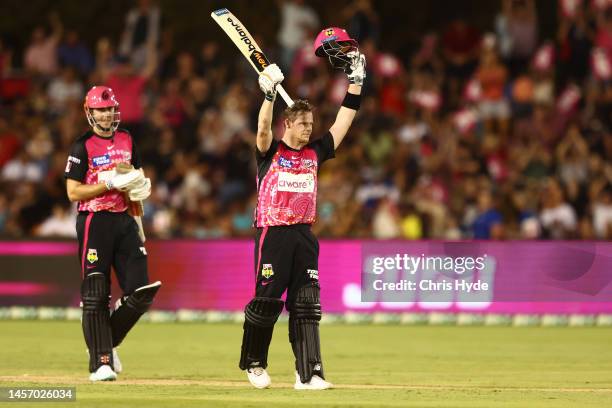 Steve Smith of the Sixers celebrates a century during the Men's Big Bash League match between the Sydney Sixers and the Adelaide Strikers at Coffs...