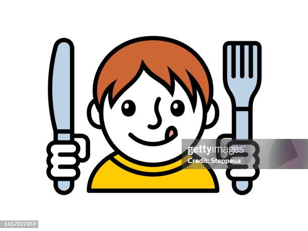 boy ready to eat - silverware stock illustrations