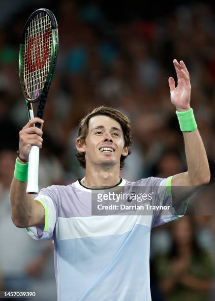 Alex de Minaur of Australia celebrates match point in their round one singles match against Yu Hsiou Hsu of Taiwan during day two of the 2023...