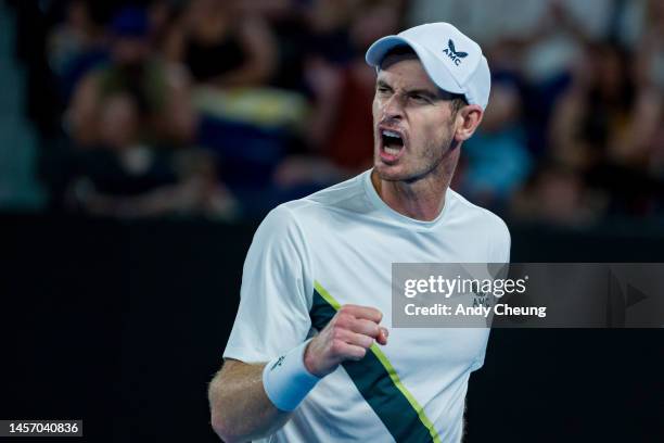 Andy Murray of Great Britain celebrates winning a point in their round one singles match against Matteo Berrettini of Italy during day two of the...