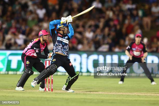 Alex Carey of the Strikers bats during the Men's Big Bash League match between the Sydney Sixers and the Adelaide Strikers at Coffs Harbour...