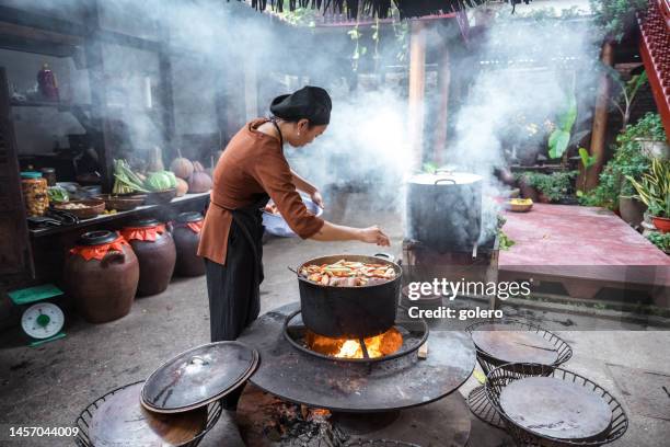 vietnamese female chef cooking on open fire in restaurant - hot vietnamese women stock pictures, royalty-free photos & images