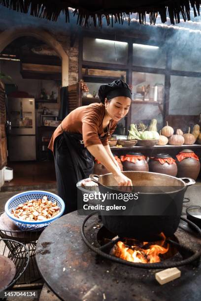 young vietnamese female chef cooking on open fire in restaurant - vietnamese ethnicity stock pictures, royalty-free photos & images