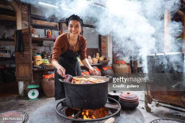 young smiling vietnamese female chef cooking on open fire in restaurant - hot vietnamese women stock pictures, royalty-free photos & images