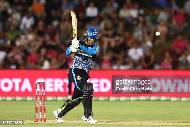 Alex Carey of the Strikers bats during the Men's Big Bash League match between the Sydney Sixers and the Adelaide Strikers at Coffs Harbour...