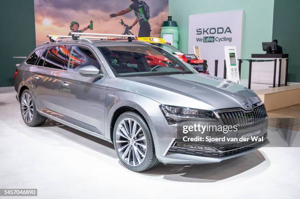 Skoda SuperB Kombi mid-size stationwagon at Brussels Expo on January 13, 2023 in Brussels, Belgium.