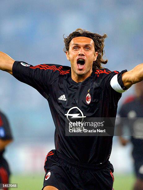 Paolo Maldini of AC Milan celebrates scoring during the Serie A match between Lazio and AC Milan at the Olympic Stadium, Rome on September 28, 2002.