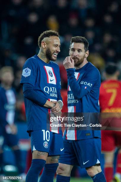 January 11: Neymar of Paris Saint-Germain and Lionel Messi of Paris Saint-Germain share a lighthearted moment during the Paris Saint-Germain V...