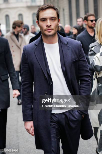 Ed Westwick is seen wearing white t-shirt, blue pants and blue coat outside the Giorgio Armani show during the Milan Menswear Fall/Winter 2023/2024...